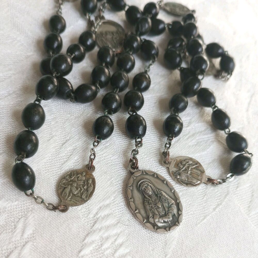Vintage Seven Sorrows of Mary Rosary Black wood Beads Catholic Religious prayer